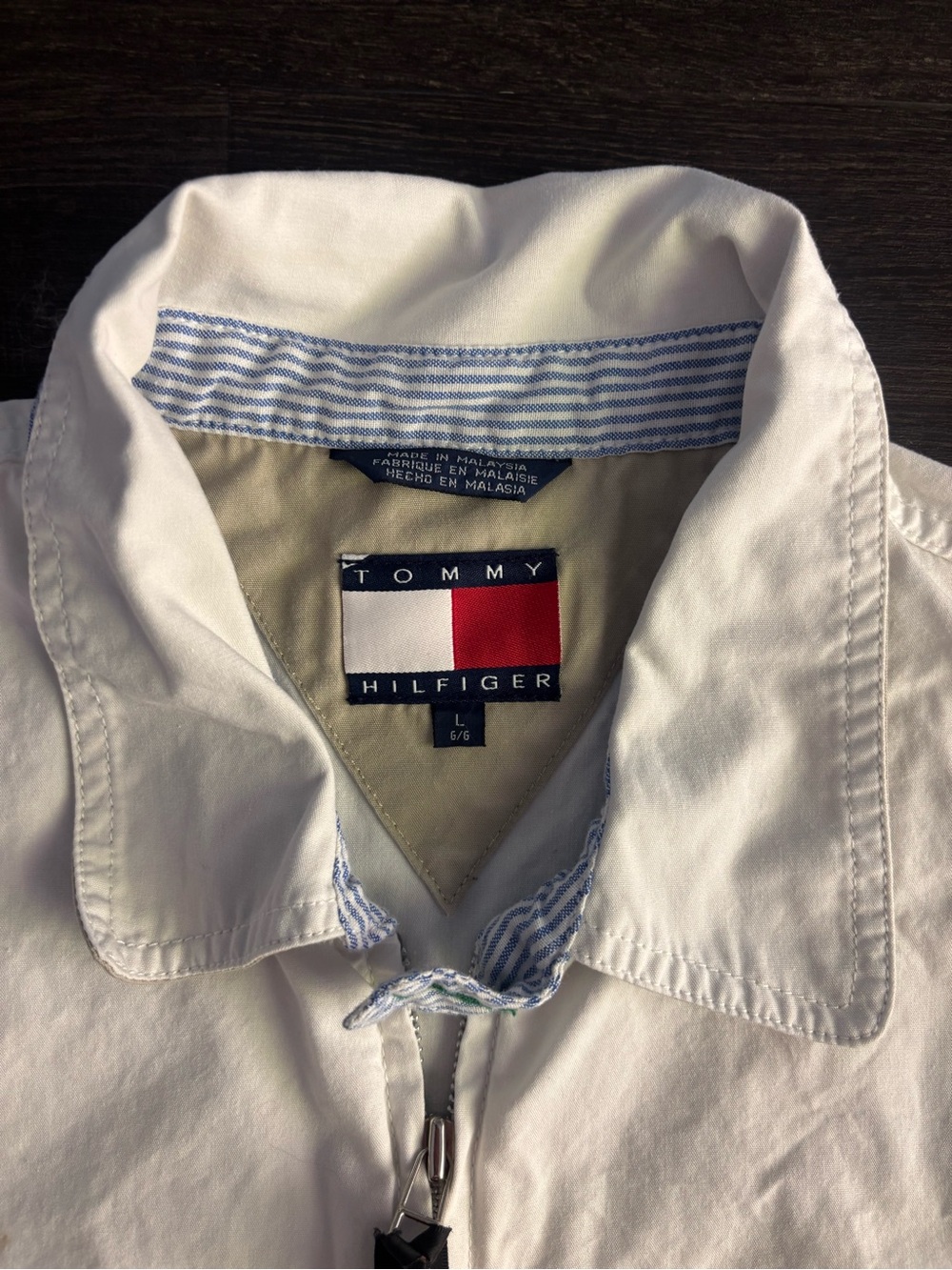 Vintage Tommy Hilfiger Jacket Mens L White Twill Bomber Collared Full Zip Logo - Picture 5 of 5